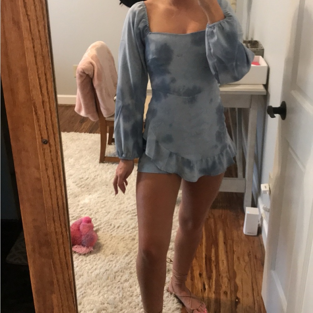 Altar'd State Light Blue Tie-Dye Square Neck Mini Dress